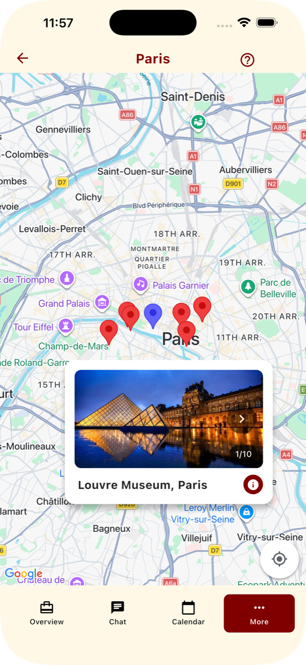 Honge attraction map screen showing places geographically