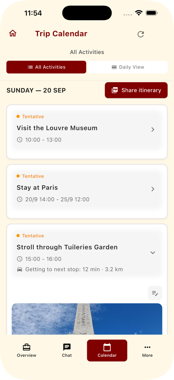 Honge calendar screen with day-by-day itinerary planning