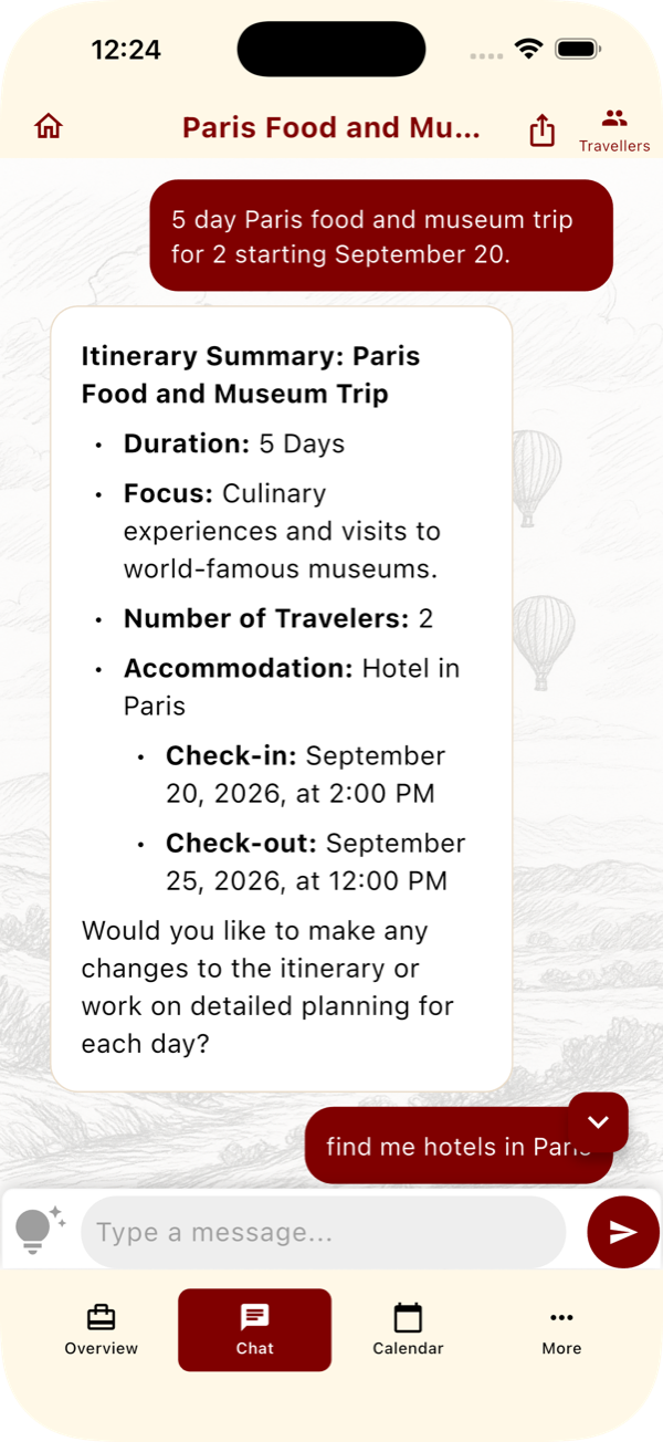 Honge chat screen for refining a trip plan