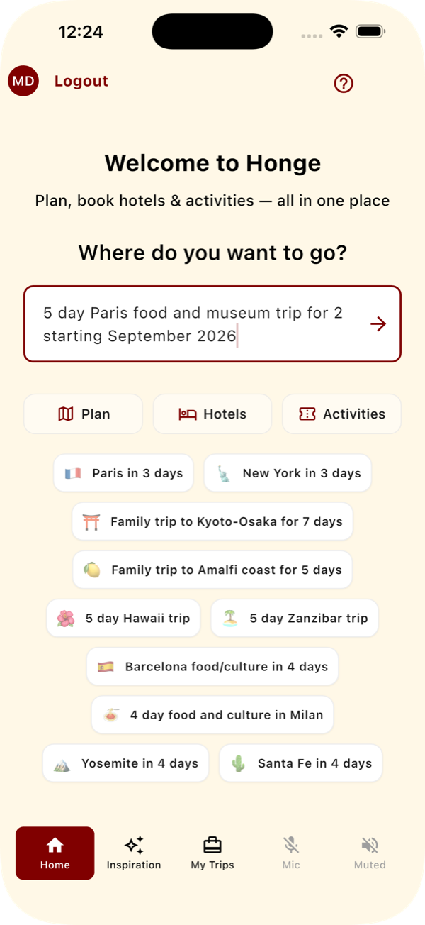 Honge home screen with trips and planning entry points