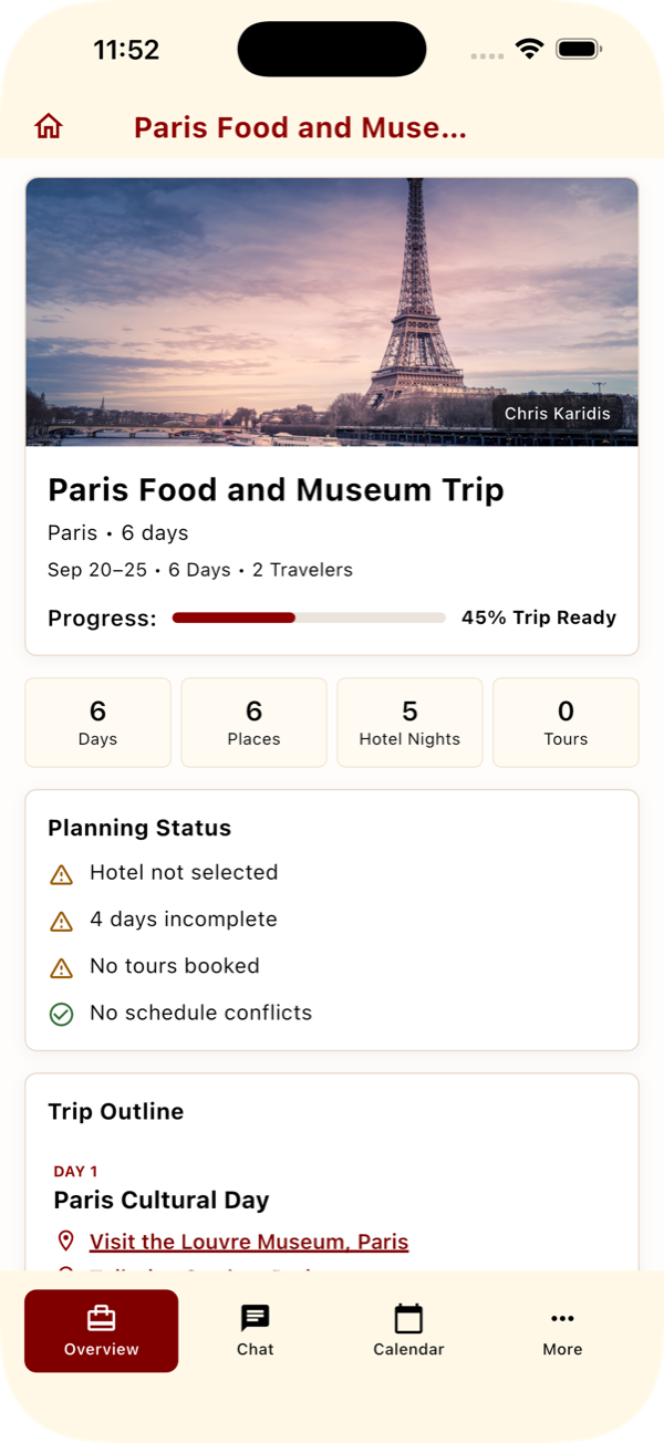 Honge trip overview screen with itinerary summary