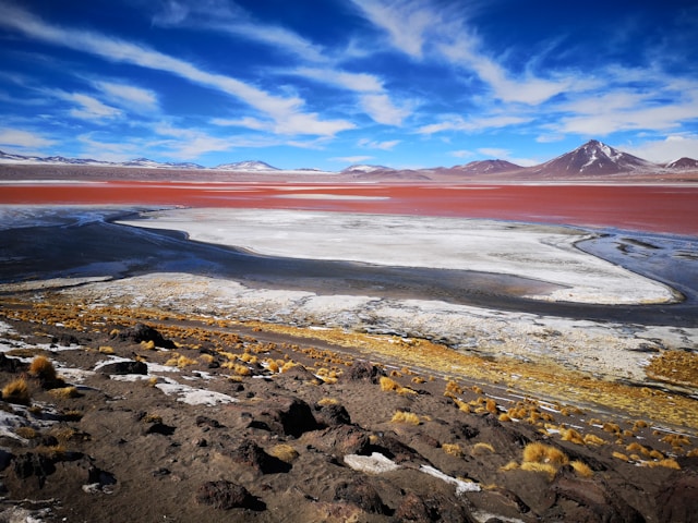 Laguna Colorada with red water and flamingos