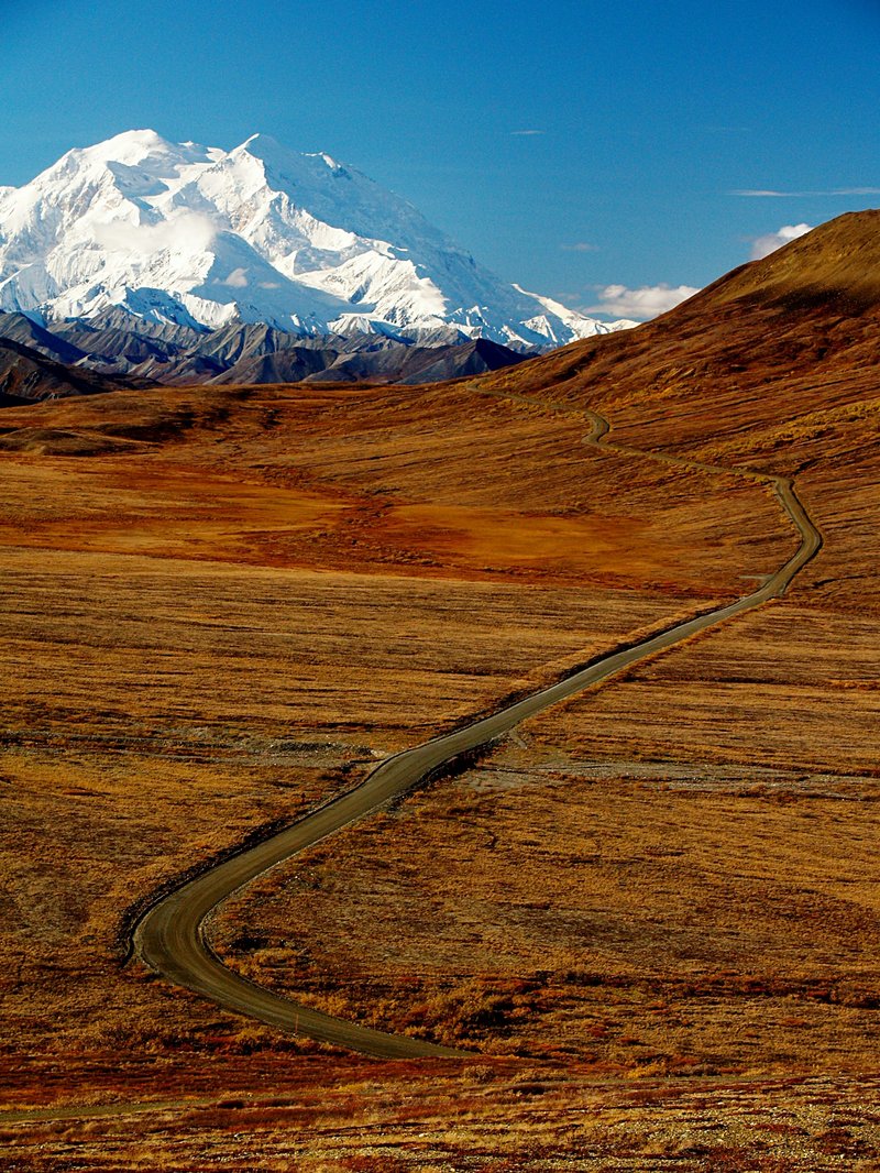 Open tundra and plains leading toward a snow-capped peak in the Alaska Range