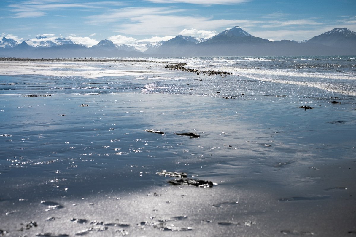 Wet sandy beach with distant snow-capped mountains across Kachemak Bay near Homer