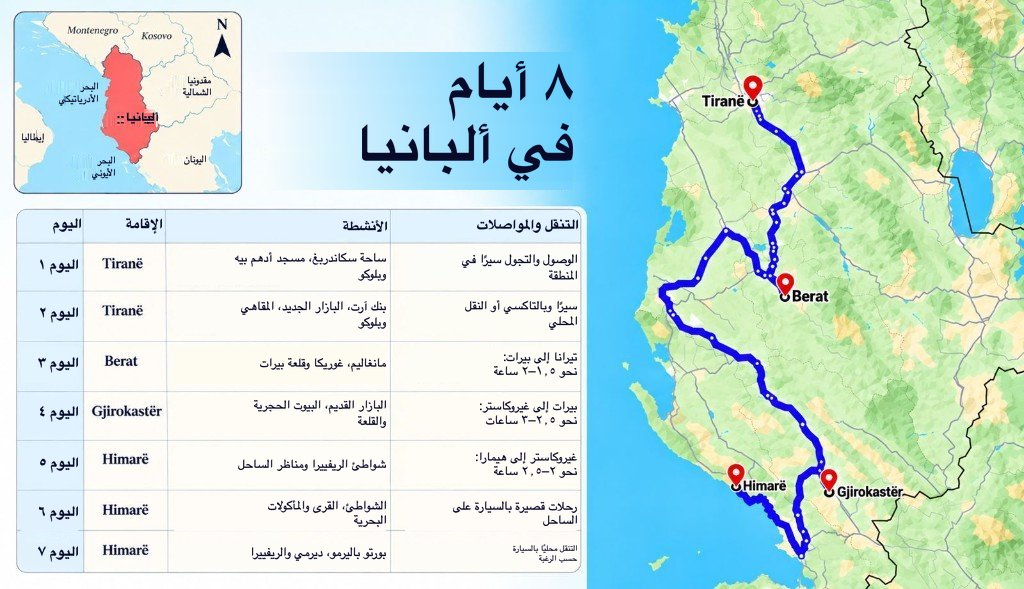 خريطة توضيحية لمسار 8 أيام في ألبانيا من تيرانا إلى بيرات وجيروكاسترا وهيمارا، مع لوحة برنامج يوماً بيوم