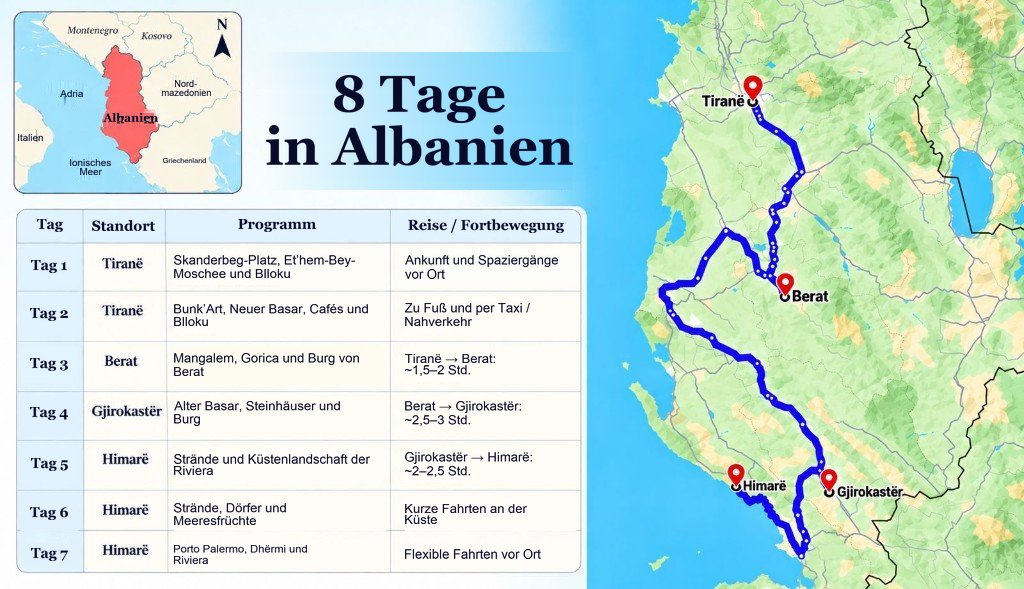 Illustrierte Routenkarte für 8 Tage in Albanien von Tiranë über Berat und Gjirokastër nach Himarë, mit einem Tag-für-Tag-Plan