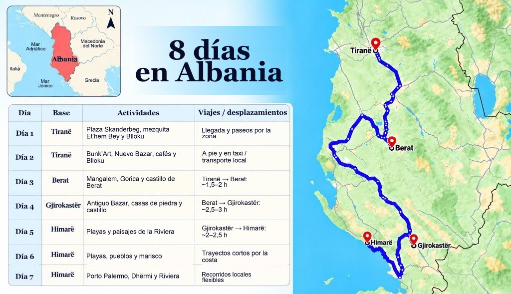 Mapa ilustrado de la ruta de 8 días por Albania, de Tiranë a Berat, Gjirokastër y Himarë, con un panel de itinerario día a día