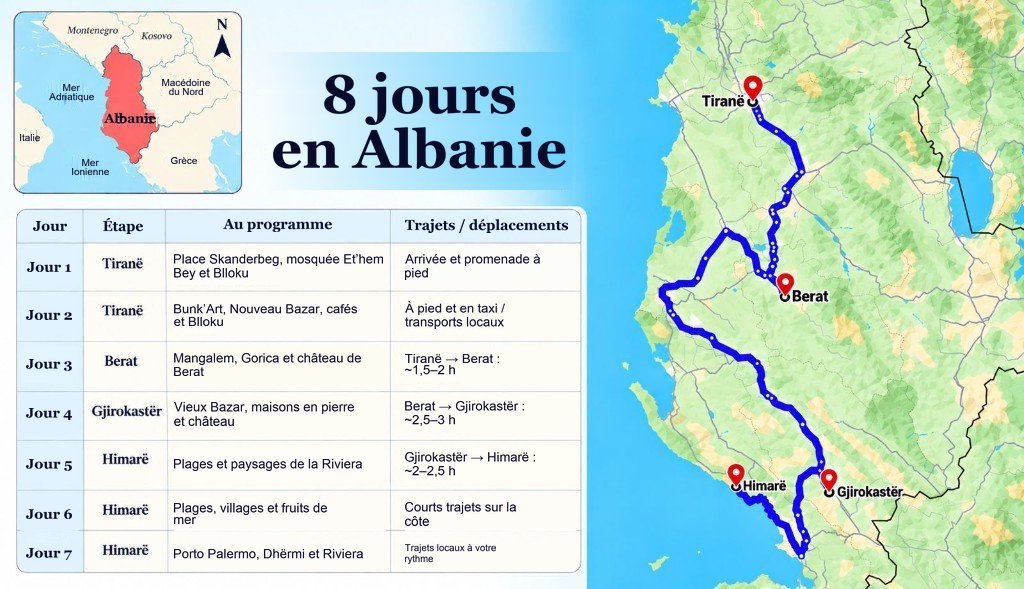 Carte illustrée du parcours de 8 jours en Albanie, de Tiranë à Berat, Gjirokastër et Himarë, avec un panneau d’itinéraire jour par jour
