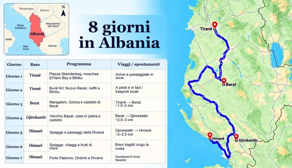 Mappa illustrata del percorso di 8 giorni in Albania, da Tiranë a Berat, Gjirokastër e Himarë, con un pannello dell’itinerario giorno per giorno