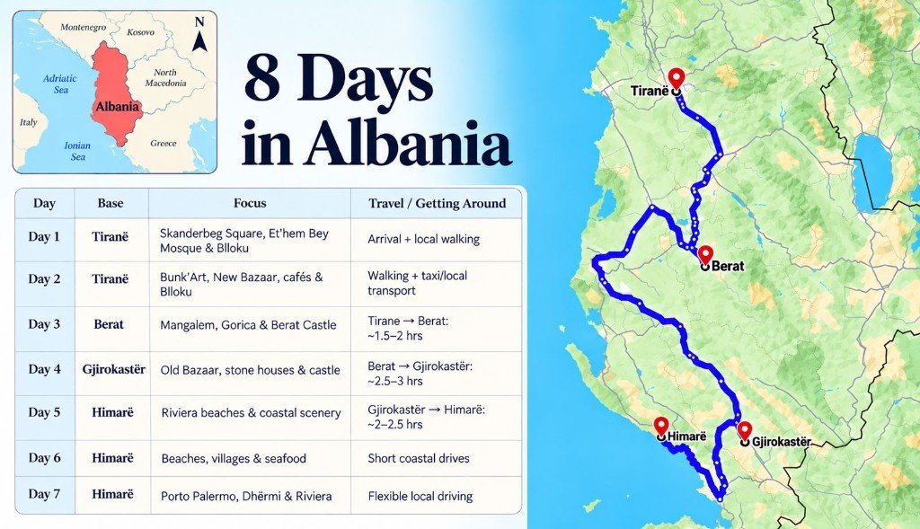 Illustrated 8-day Albania route map from Tiranë to Berat, Gjirokastër and Himarë, with a day-by-day itinerary panel