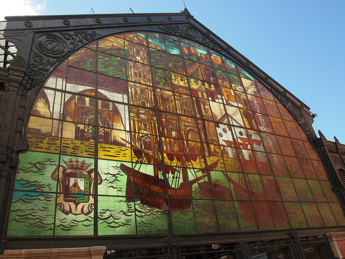 The ornate stained-glass window of the historic Atarazanas Market in Málaga