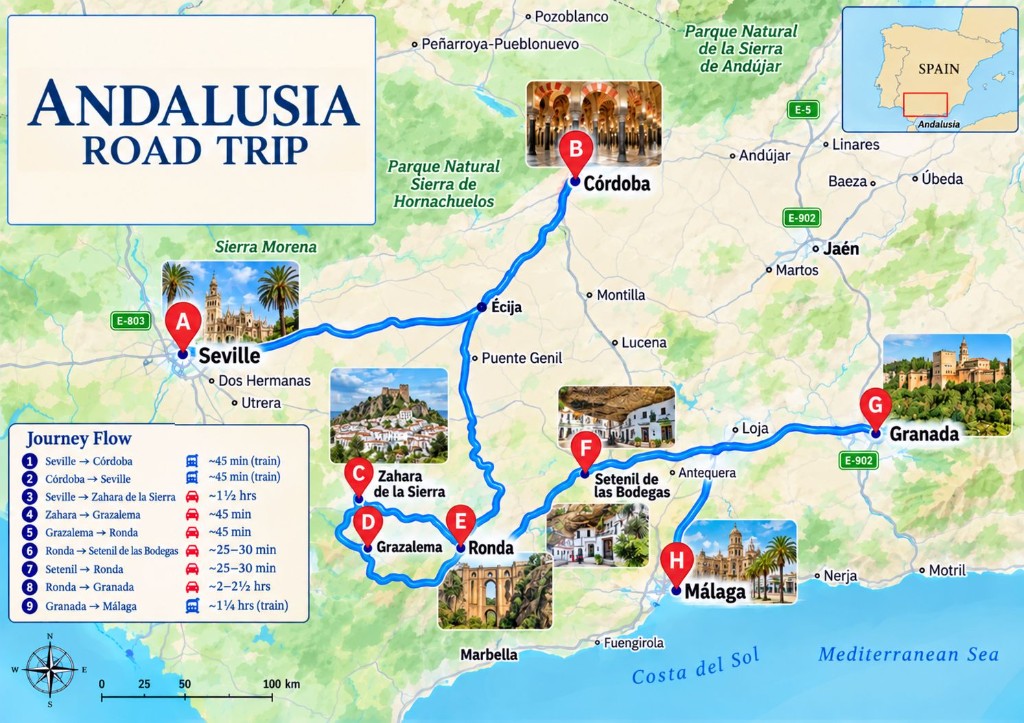 Illustrated 9-day Andalusia road trip map from Seville through Córdoba, the White Villages, Ronda and Granada to Málaga
