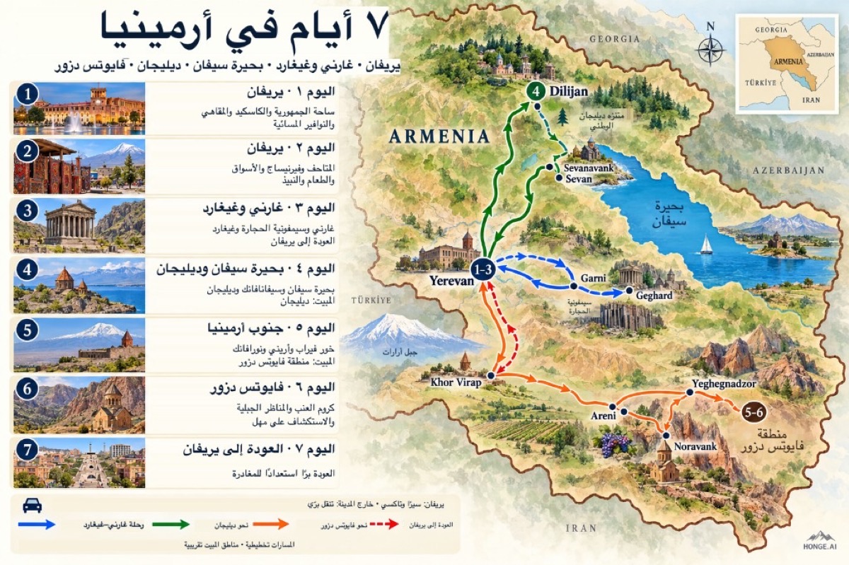 خريطة طريق Armenia مصورة لمدة 7 أيام: حلقة Yerevan إلى Garni وGeghard، شمالًا إلى Sevanavank وDilijan، ثم جنوبًا عبر Khor Virap إلى Areni وNoravank