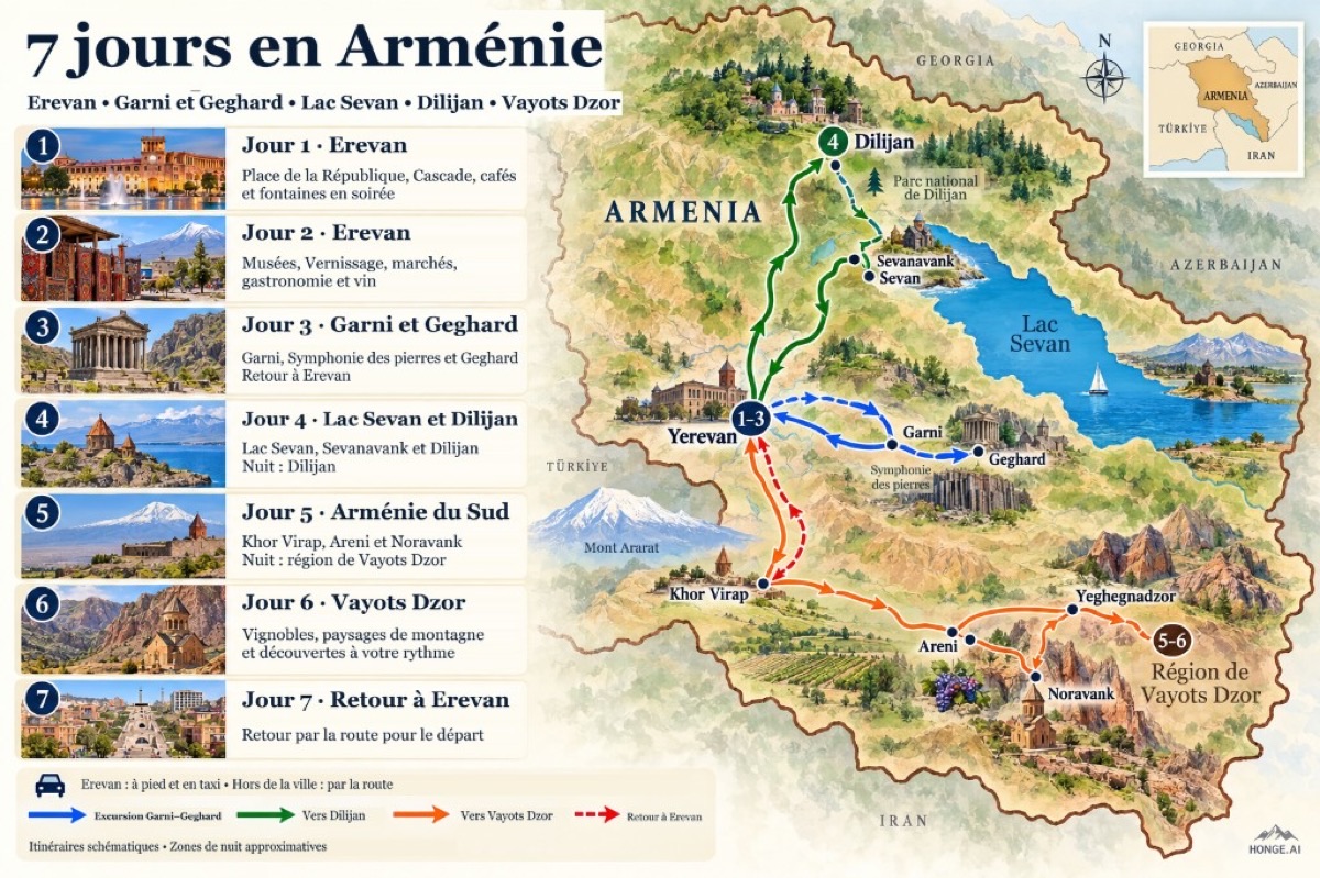 Carte de la route Armenia: boucle YerevanZ jusqu'à Garni et GeghardZ, nord jusqu'à Sevanavank et DilijanZ, puis sud par Khor Virap à Areni et Noravank