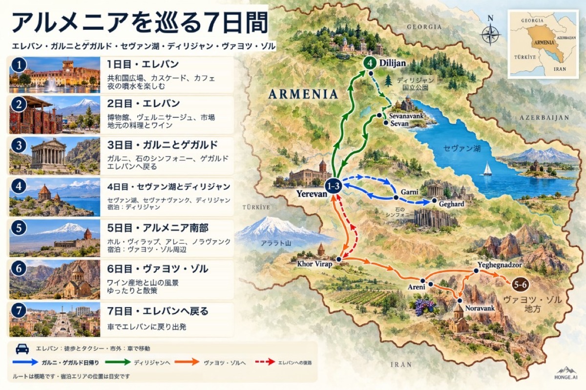 GarniとGeghardへのYerevanのループ、SevanavankおよびDilijanへの北へのIllustratedの7日のArmeniaのルートの地図:それからKhor VirapからのAreniおよびNoravankへの南
