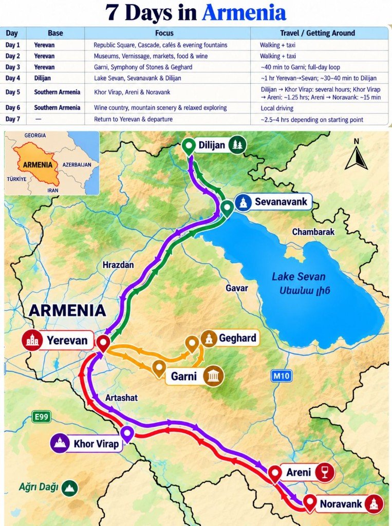 Illustrated 7-day Armenia route map: Yerevan loop to Garni and Geghard, north to Sevanavank and Dilijan, then south via Khor Virap to Areni and Noravank