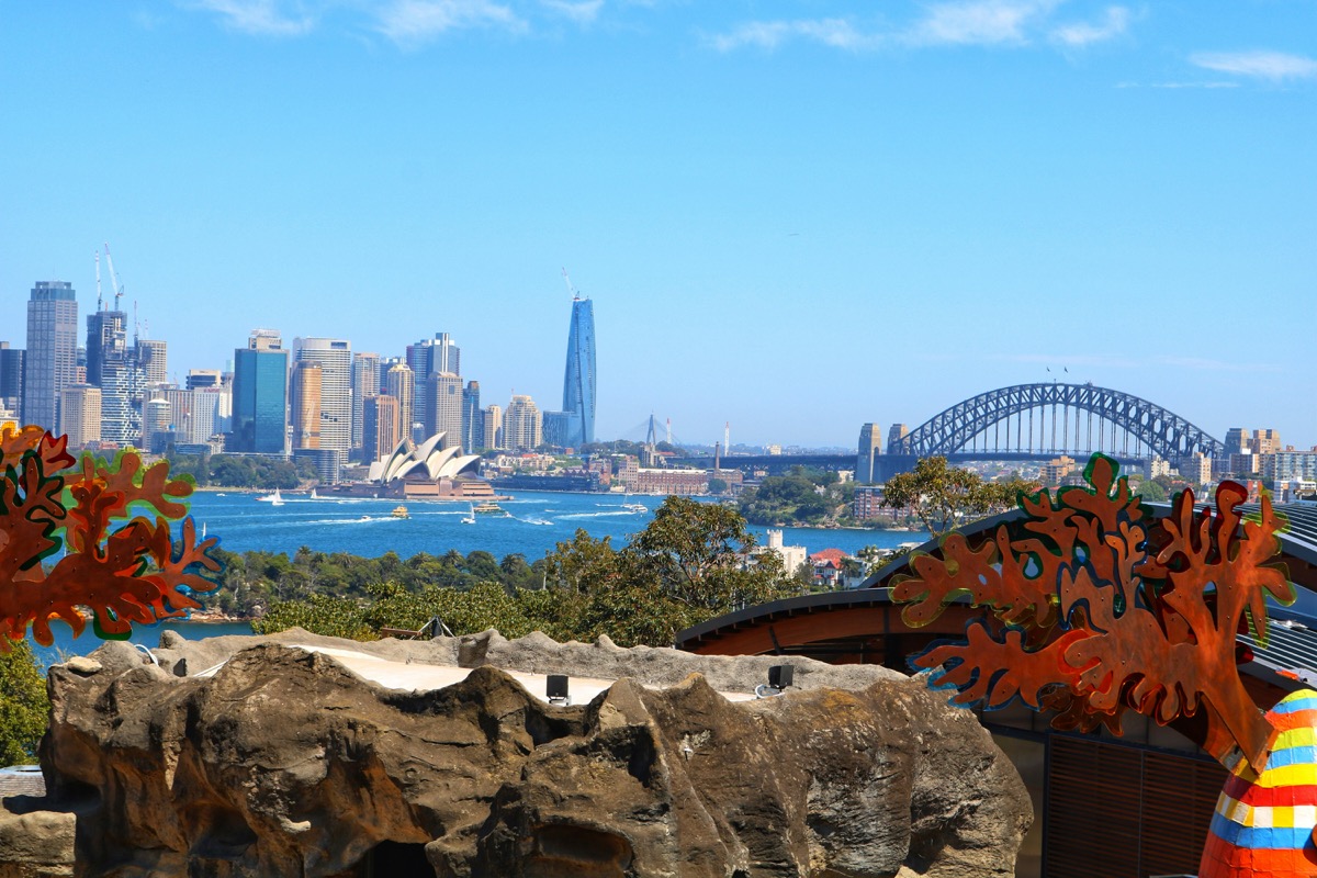 Panoramic skyline view of Sydney Harbour with the Opera House and Harbour Bridge
