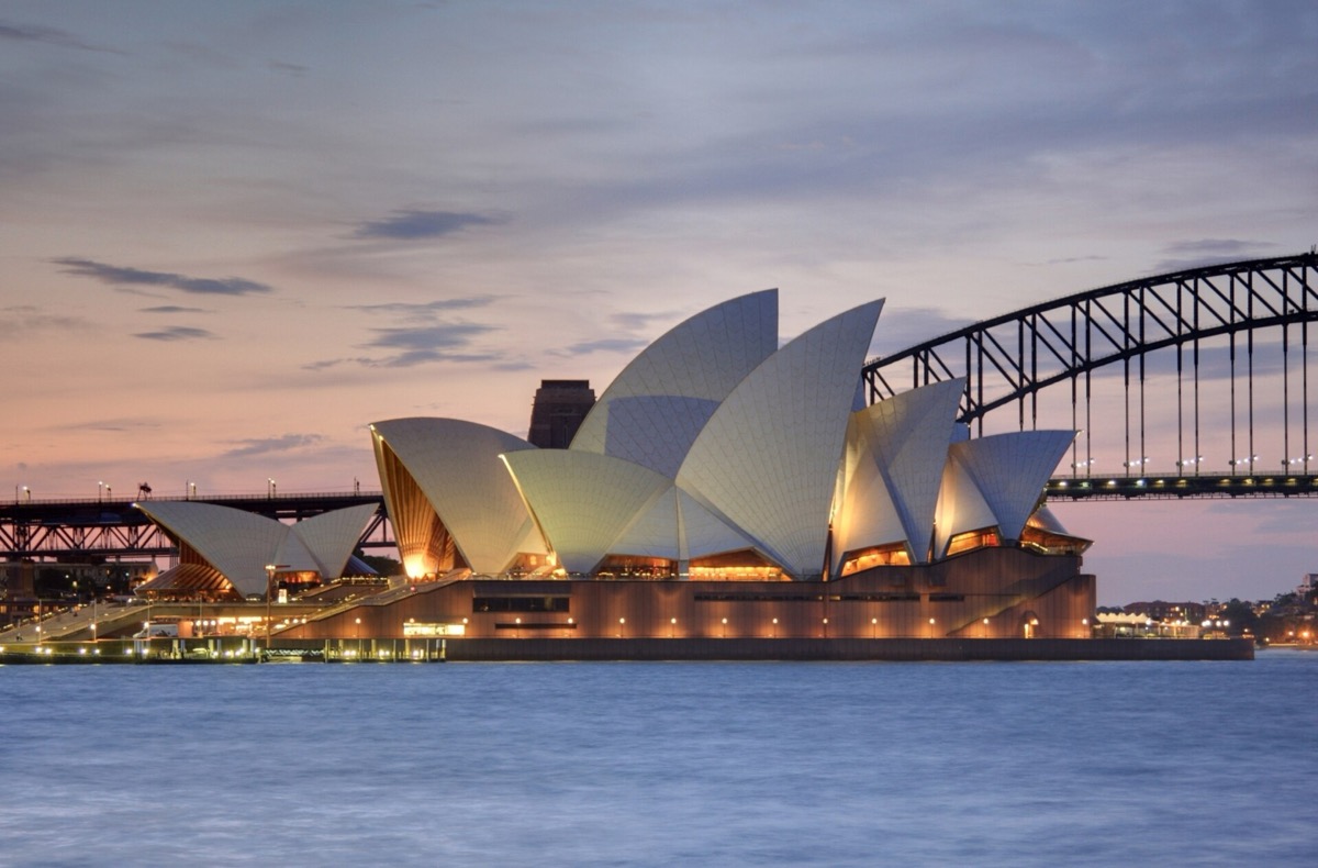 Sydney Opera House viewed from the Botanic Gardens beside the harbour
