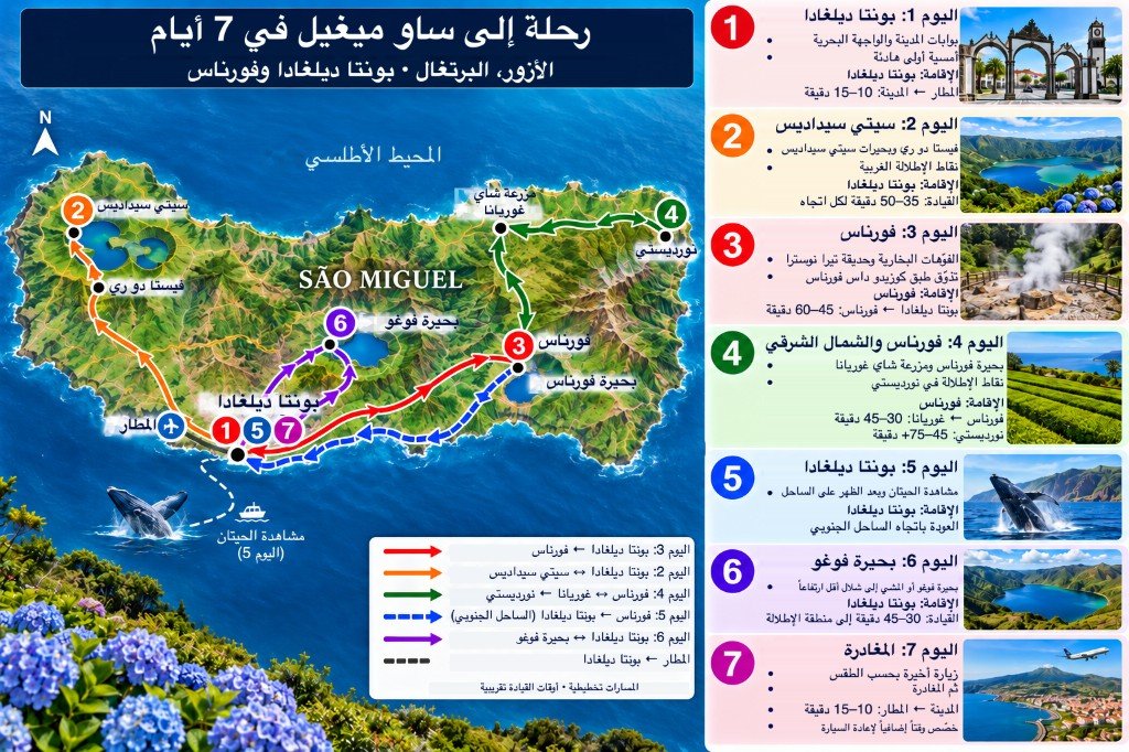 خريطة موضحة لرحلة 7 أيام في ساو ميغيل من بونتا ديلغادا غرباً إلى سيتي سيداديس، وشرقاً إلى فورناس ونوردستي، ثم لاغوا دو فوغو، مع لوحة يوم بيوم