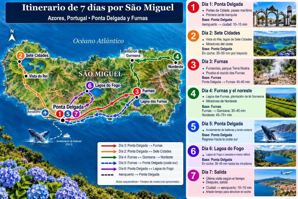 Mapa ilustrado de 7 días en São Miguel: de Ponta Delgada al oeste hacia Sete Cidades, al este hacia Furnas y Nordeste, y luego Lagoa do Fogo, con panel día a día