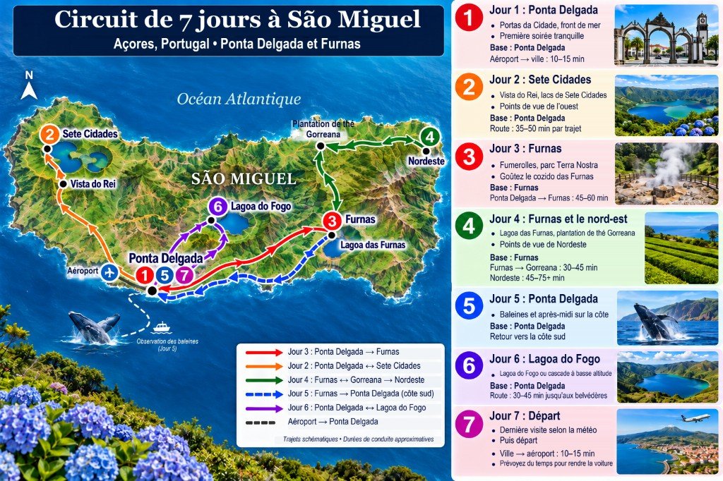 Carte illustrée d’un itinéraire de 7 jours à São Miguel, de Ponta Delgada vers l’ouest jusqu’à Sete Cidades, vers l’est jusqu’à Furnas et Nordeste, puis Lagoa do Fogo, avec un panneau jour par jour