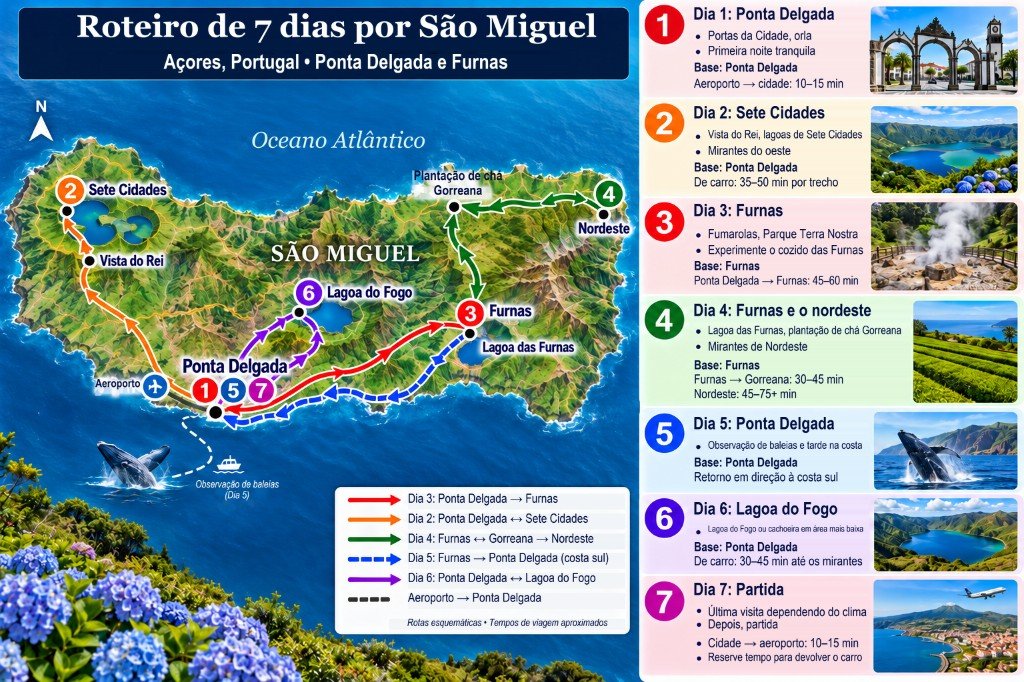 Mapa ilustrado de 7 dias em São Miguel: de Ponta Delgada a oeste até Sete Cidades, a leste até Furnas e o Nordeste, depois a Lagoa do Fogo, com painel dia a dia
