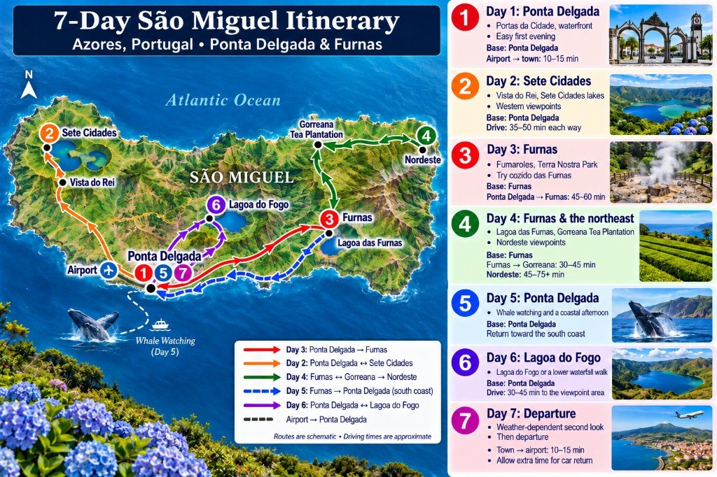 Illustrated 7-day São Miguel itinerary map from Ponta Delgada west to Sete Cidades, east to Furnas and Nordeste, then Lagoa do Fogo, with a day-by-day panel