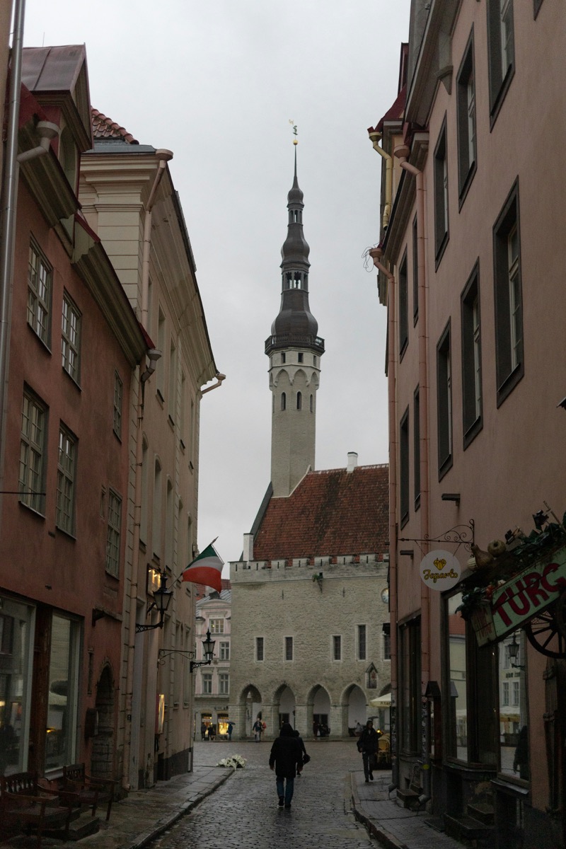 Cobblestone street in Tallinn's Old Town leading toward the Town Hall tower