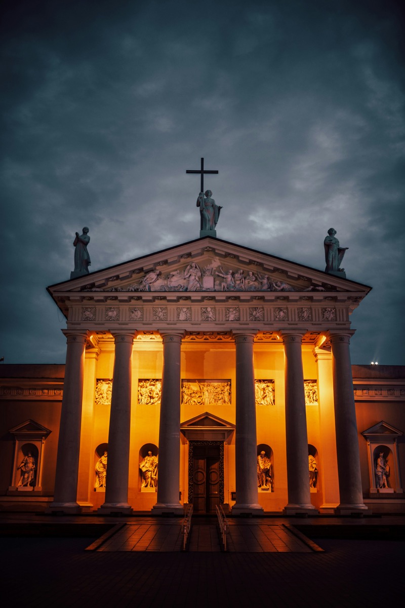 Neoclassical façade of Vilnius Cathedral in Cathedral Square