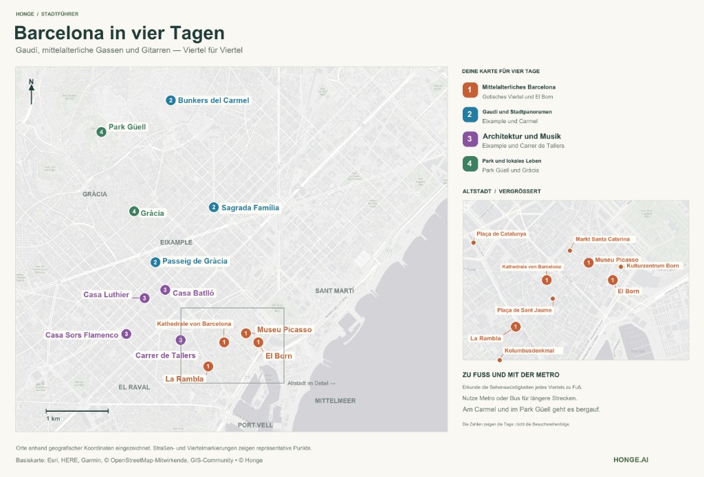 Illustrierte Barcelona-Karte für vier Tage: Gotisches Viertel, Gaudí, Musik und Park Güell