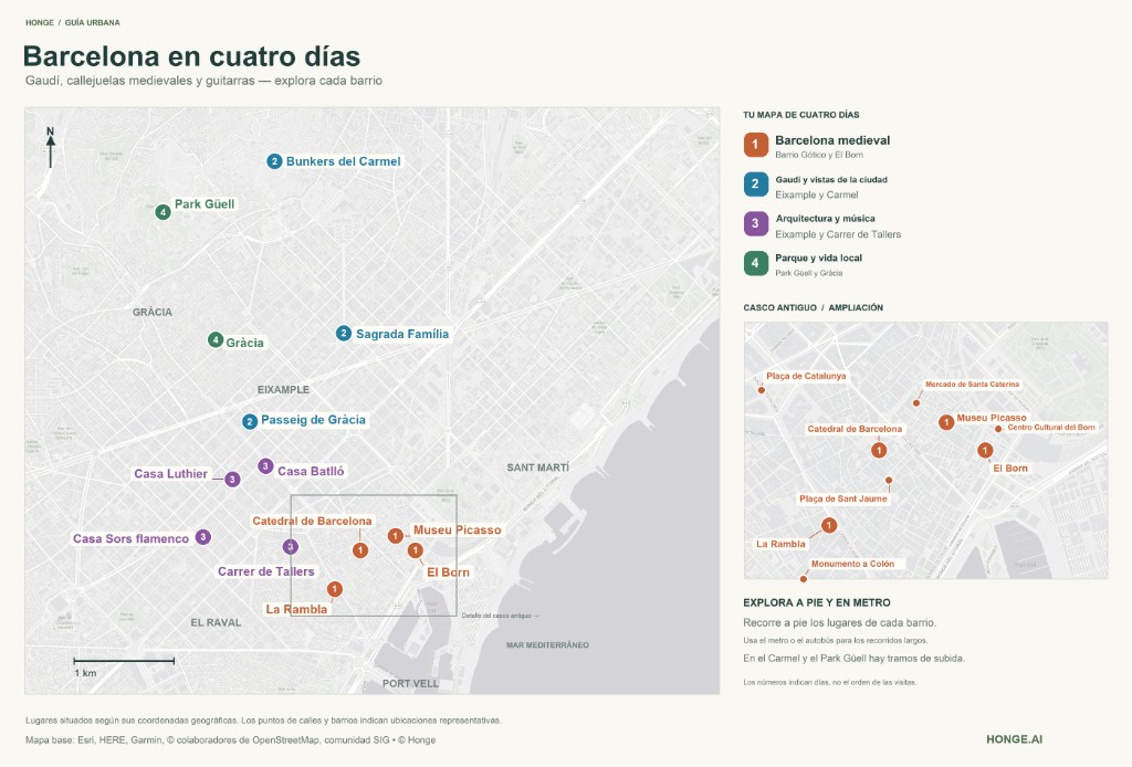 Mapa ilustrado de Barcelona en cuatro días: Barrio Gótico, Gaudí, música y Park Güell