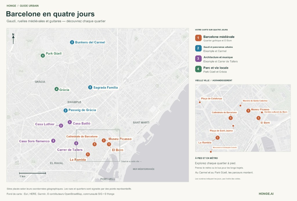 Carte illustrée de Barcelone en quatre jours : Barri Gòtic, Gaudí, musique et Park Güell