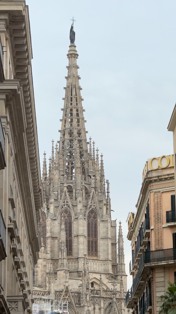 Gothic facade and towers of Barcelona Cathedral in the Barri Gòtic