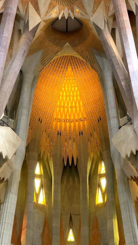 Interior nave of Sagrada Família with branching stone columns and coloured stained glass light