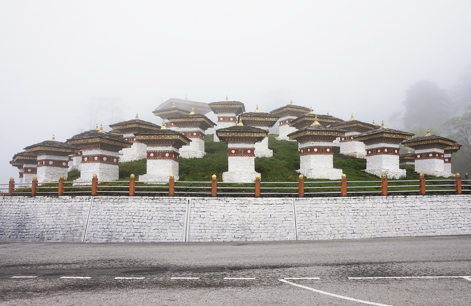 The 108 Druk Wangyal chortens arranged across Dochula Pass in Bhutan