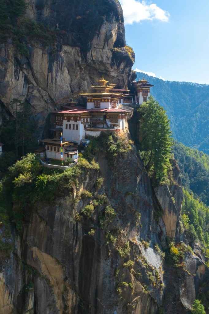 Tiger’s Nest Monastery clinging to a sheer cliff above Paro Valley in Bhutan