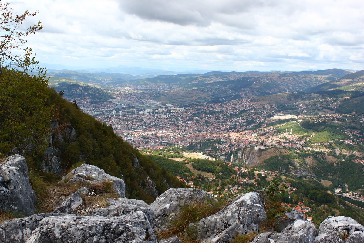 View over Sarajevo from Trebević Mountain, with the city spread through the valley and hills beyond