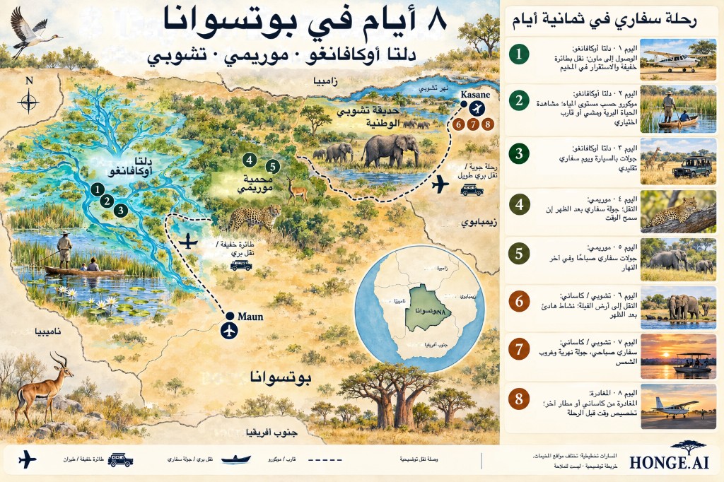 خريطة موضحة لمسار سفاري بوتسوانا في 8 أيام من ماون إلى دلتا أوكافانغو ثم محمية موريمي ومنتزه تشوبي الوطني قرب كاساني، مع لوحة يوم بيوم