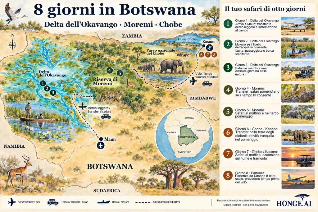 Mappa illustrata del percorso safari di 8 giorni in Botswana da Maun al Delta dell’Okavango, poi Riserva di Moremi e Parco Nazionale di Chobe vicino a Kasane, con pannello giorno per giorno