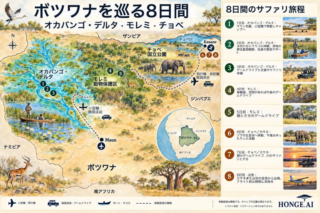 マウンからオカバンゴ・デルタ、モレミ野生動物保護区、カサネ近くのチョベ国立公園へ至るボツワナ8日間サファリルートのイラストマップと日ごとのパネル