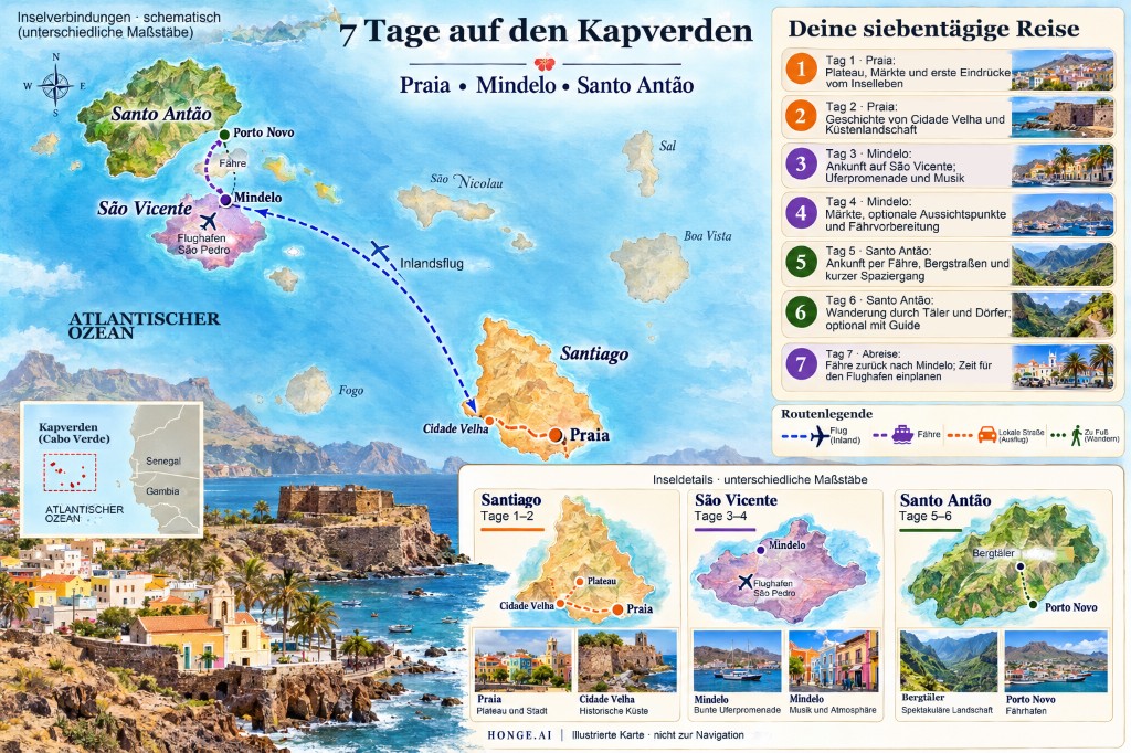Illustrierte 7-Tage-Routenkarte für die Kapverden von Praia auf Santiago mit Inlandsflug nach Mindelo auf São Vicente und Fähre nach Santo Antão, mit Inselpanels und Tag-für-Tag-Itinerar