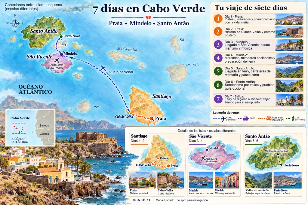 Mapa ilustrado de la ruta de 7 días por Cabo Verde desde Praia en Santiago en vuelo nacional a Mindelo en São Vicente y luego en ferry a Santo Antão, con paneles de islas e itinerario día a día