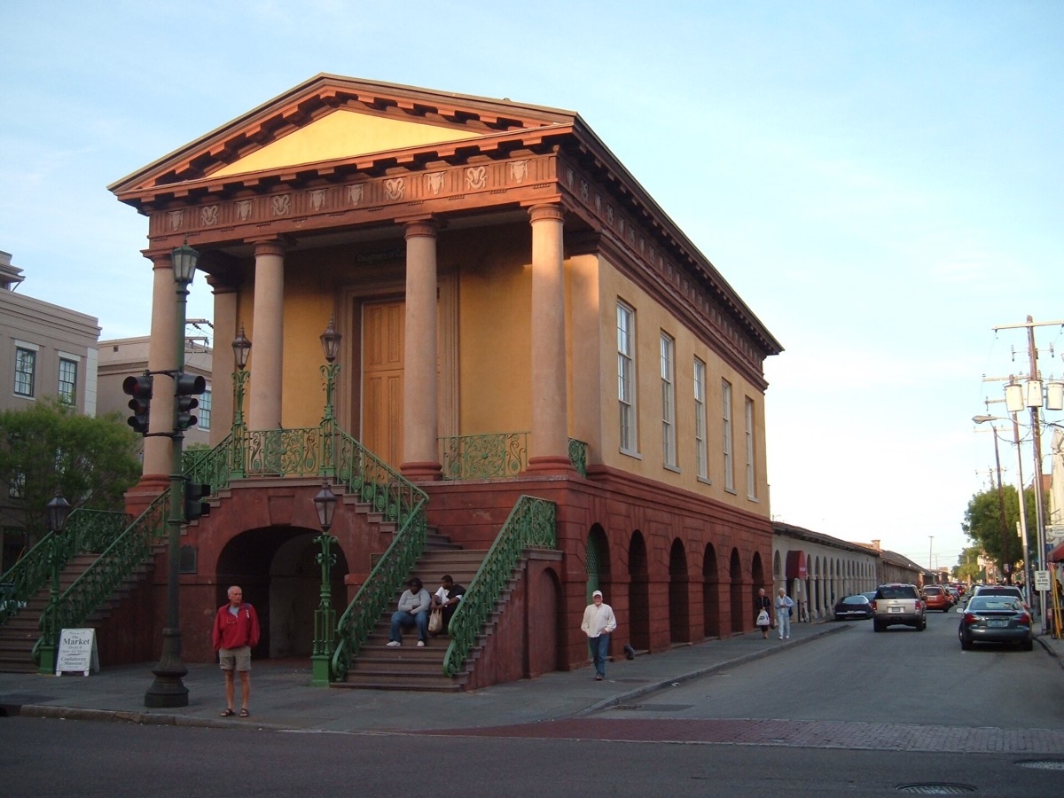 Charleston City Market Hall with classical columns, green iron railings and arched walkways
