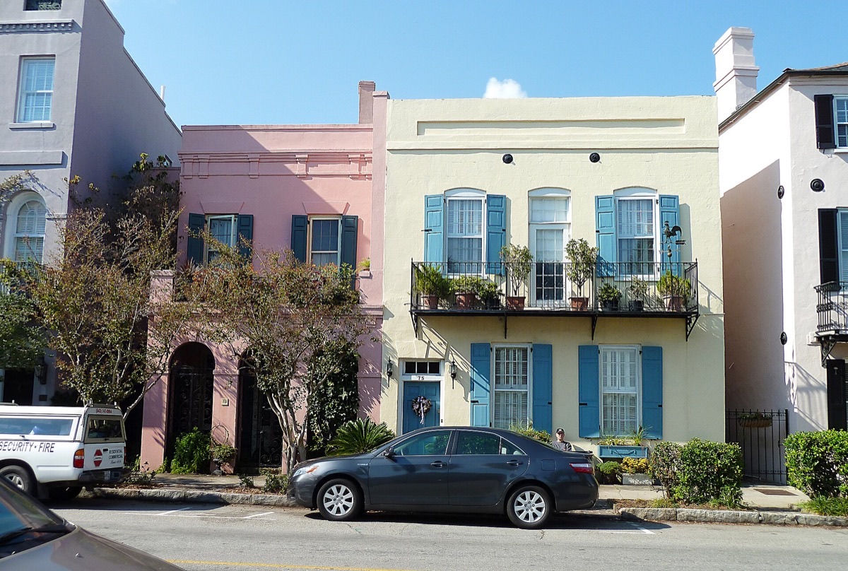 Pastel Georgian-style houses along Rainbow Row on East Bay Street in Charleston