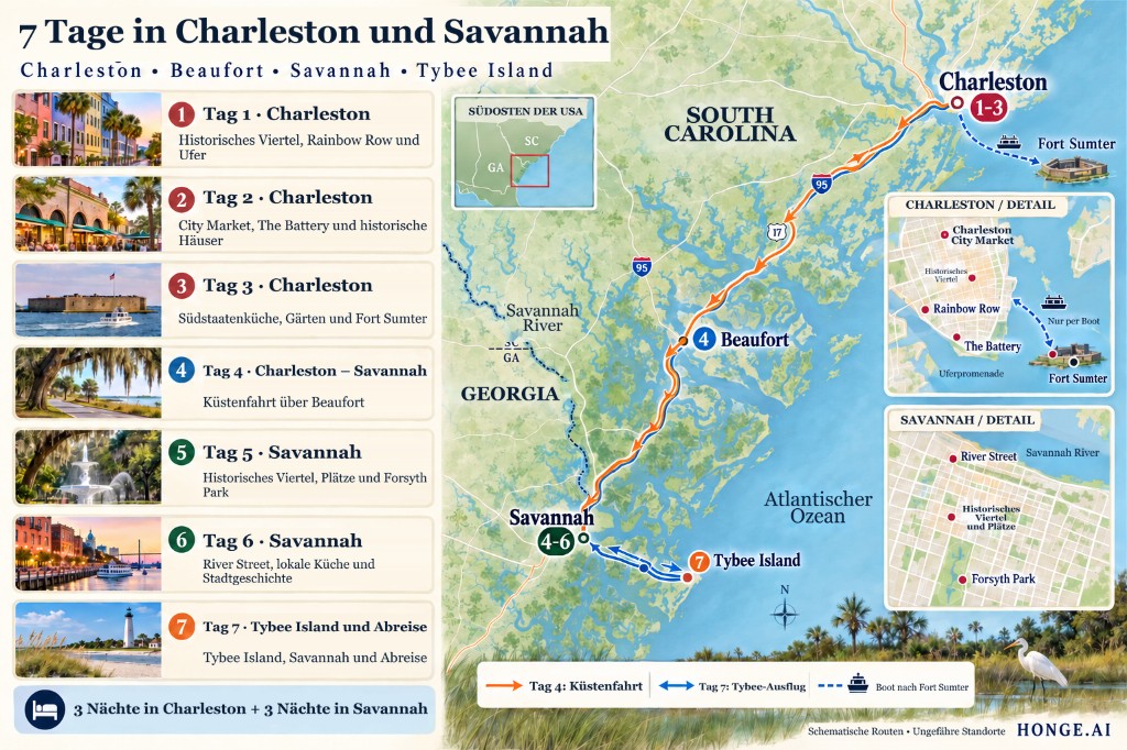 Illustrierte 7-Tages-Streckenkarte Charleston und Savannah Lowcountry von Charleston über Beaufort nach Savannah und optional Tybee Island