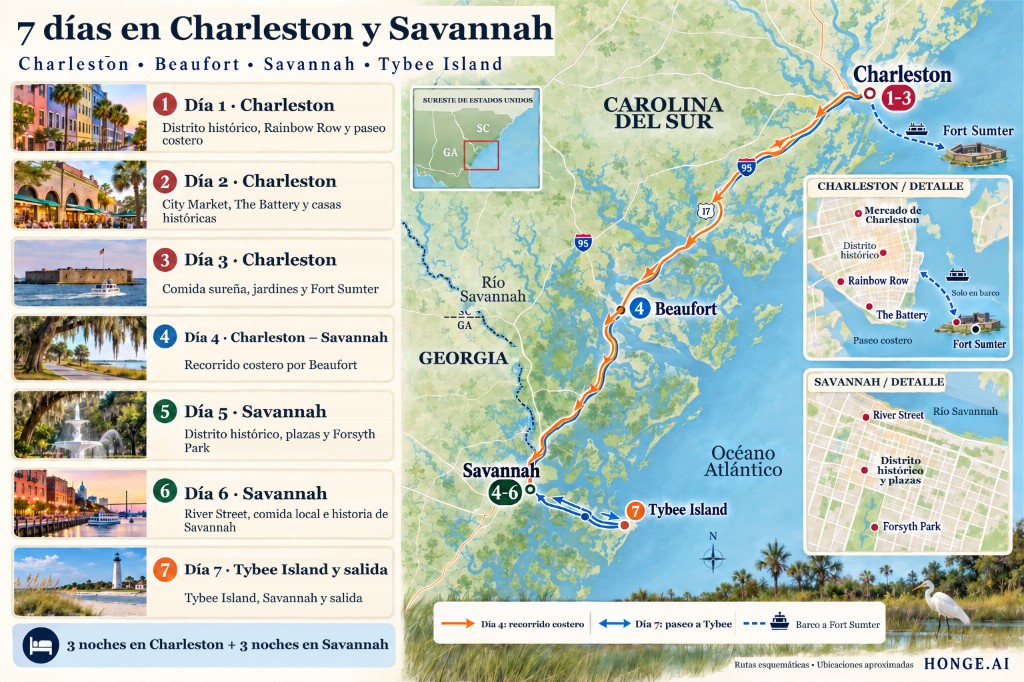 Mapa ilustrado de rutas de 7 días de Charleston y Savannah Lowcountry desde Charleston vía Beaufort hasta Savannah y Tybee Island opcional