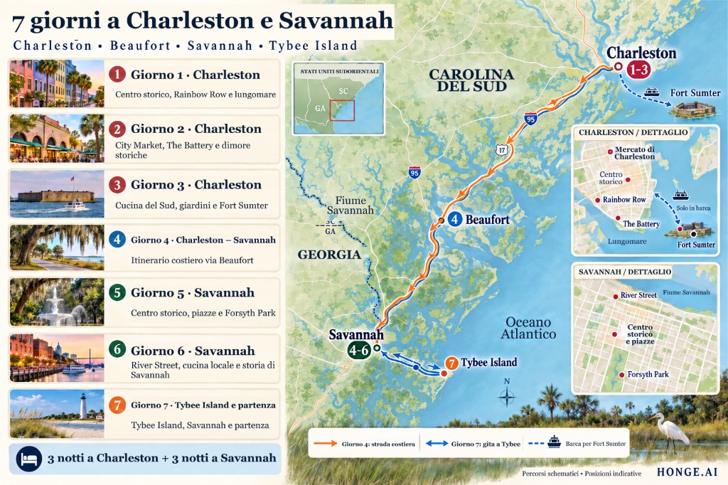 7-day Charleston e Savannah Lowcountry mappa stradale da Charleston via Beaufort a Savannah e Tybee Island opzionale