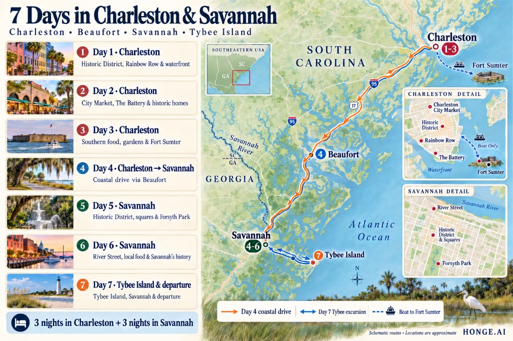 Illustrated 7-day Charleston and Savannah Lowcountry route map from Charleston via Beaufort to Savannah and optional Tybee Island