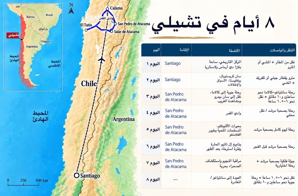 خريطة توضيحية لمسار 8 أيام في تشيلي من سانتياغو إلى كالاما وسان بيدرو دي أتاكاما، مع لوحة برنامج يوماً بيوم