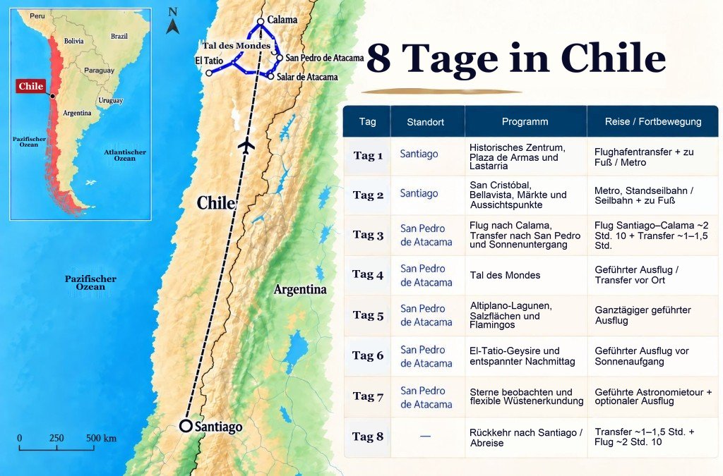 Illustrierte Routenkarte für 8 Tage in Chile von Santiago nach Calama und San Pedro de Atacama, mit einem Tag-für-Tag-Programm